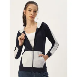ARISE Women Navy Blue & White Colourblocked Hooded Pure Cotton Sweatshirt-picture-11