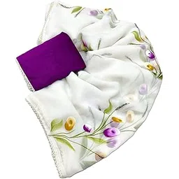 arkia Floral Print Georgette Hand Printed Saree with Purple Blouse, White Base with Tulip Design, Moti Border-picture-53