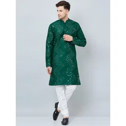 Armaan Ethnic Men Green Embroidered Mirror Work Dupion Silk Kurta with Churidar-picture-27