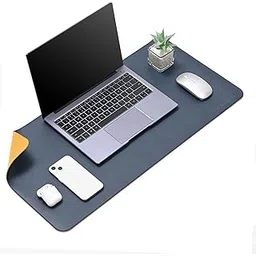 Aropana Vegan Leather Desk Mat, Mouse Pad Large, Computer Table Mat, Reversible Extended Laptop Pad for Desk, Dual Side Waterproof Edge-Stitched (27.6x13.8 inch, Navy Blue/Yellow)-image-3
