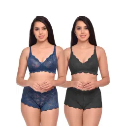 AROUSY Black & Blue Self Pattern Bra Panty Set - Pack Of 2-picture-17