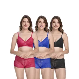 AROUSY Black & Blue Self Pattern Bra Panty Set - Pack Of 3-picture-13