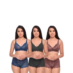 AROUSY Black & Blue Self Pattern Bra Panty Set - Pack Of 3-picture-14
