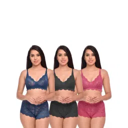 AROUSY Black & Blue Self Pattern Bra Panty Set - Pack Of 3-picture-15