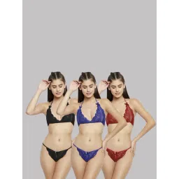 AROUSY Black & Blue Self Pattern Bra Panty Set - Pack Of 3-picture-18
