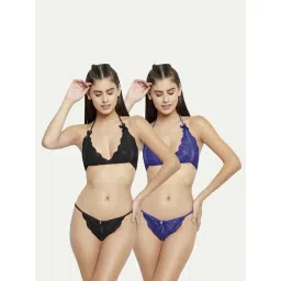 AROUSY Black & Blue Self Pattern Lingerie Set-picture-12