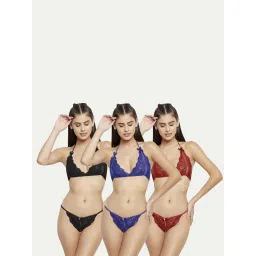 AROUSY Black & Blue Self Pattern Lingerie Set image 1