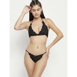 AROUSY Black & Blue Self Pattern Lingerie Set image 2