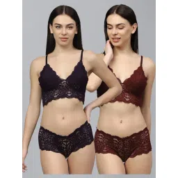 AROUSY Black & Maroon Self Pattern Bra Panty Set - Pack Of 2-picture-29