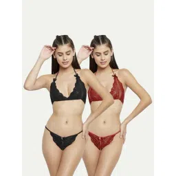 AROUSY Black & Maroon Self Pattern Lingerie Set-picture-43