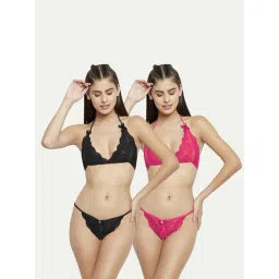 AROUSY Black & Pink Self Pattern Lingerie Set-picture-29