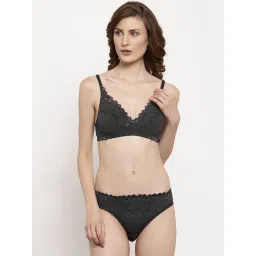 AROUSY Black Self Pattern Bra Panty Set image 1