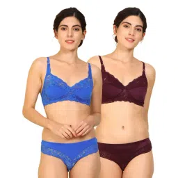 AROUSY Blue & Maroon Cotton Self Pattern Bra Panty Set - Pack Of 2-picture-19