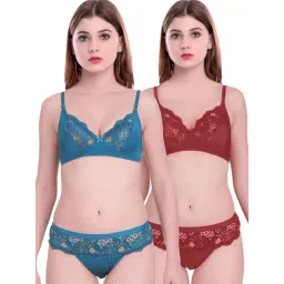 AROUSY Blue & Maroon Self Pattern Bra Panty Set - Pack Of 2-picture-33