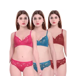 AROUSY Blue & Pink Self Pattern Bra Panty Set - Pack Of 3-picture-15