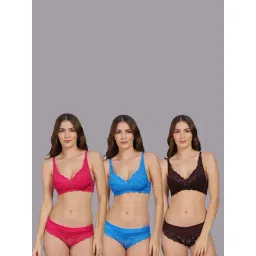 AROUSY Blue & Pink Self Pattern Bra Panty Set - Pack Of 3-picture-20