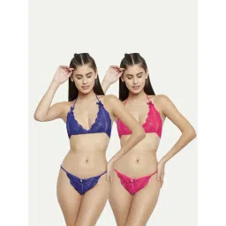 AROUSY Blue & Pink Self Pattern Lingerie Set-picture-12