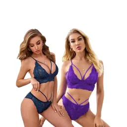 AROUSY Blue & Purple Self Pattern Bra Panty Set - Pack Of 2-picture-26