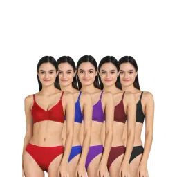 AROUSY Blue & Red Cotton Bra Panty Set - Pack Of 5-picture-14