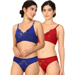 AROUSY Blue & Red Cotton Self Pattern Bra Panty Set - Pack Of 2-picture-10