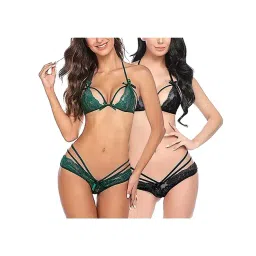 AROUSY Green & Black Self Pattern Lingerie Set-picture-20