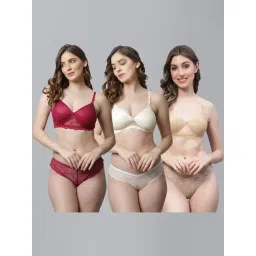 AROUSY Maroon & White Cotton Self Pattern Bra Panty Set - Pack Of 3-picture-27