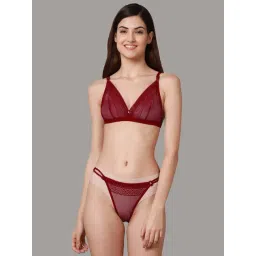 AROUSY Maroon Self Pattern Bra Panty Set-picture-11