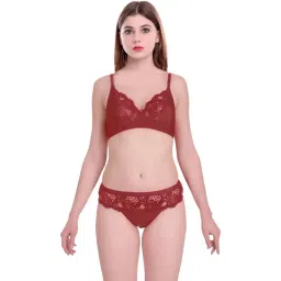 AROUSY Maroon Self Pattern Bra Panty Set-picture-25