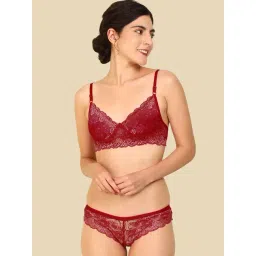 AROUSY Maroon Self Pattern Bra Panty Set-picture-29