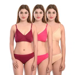 AROUSY Pink & Beige Cotton Bra Panty Set - Pack Of 3-picture-24