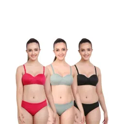 AROUSY Pink & Black Cotton Bra Panty Set - Pack Of 3-image-38