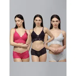AROUSY Pink & Black Self Pattern Bra Panty Set - Pack Of 3-image-37