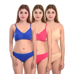 AROUSY Pink & Blue Cotton Bra Panty Set - Pack Of 3-picture-34
