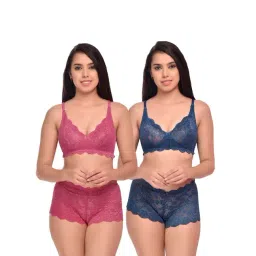 AROUSY Pink & Blue Self Pattern Bras & Panties Set - Pack Of 2-picture-13