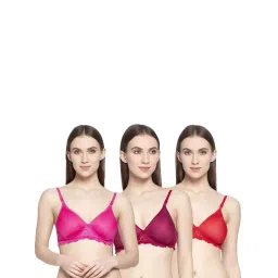 AROUSY Pink & Maroon Cotton Lace Work T-Shirt Bras - Pack Of 3-picture-45
