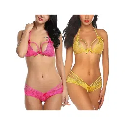 AROUSY Pink & Yellow Self Pattern Lingerie Set-picture-36