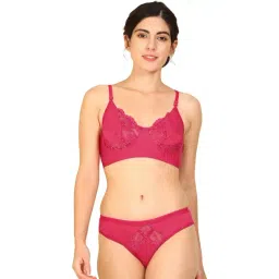 AROUSY Pink Cotton Self Pattern Bra Panty Set-picture-29
