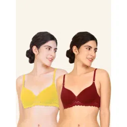 AROUSY Yellow & Maroon Cotton Lace Work T-Shirt Bras - Pack Of 2-picture-27