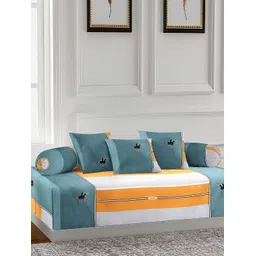 Arrabi 6 Pcs Green & Orange Colored Striped Printed Diwan-image-1