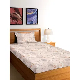 Arrabi Beige & Grey Floral 300 TC Single Bedsheet With 1 Pillow Cover-picture-33