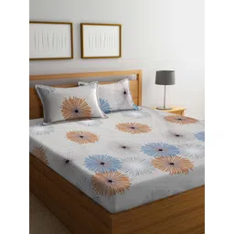 Arrabi Beige & Orange Floral 300 TC Flat King Bedsheet with 2 Pillow Covers-picture-40