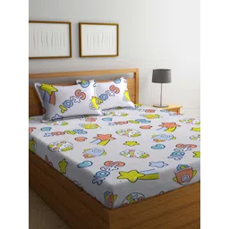 Arrabi Beige & Yellow Conversational 300 TC Flat King Bedsheet with 2 Pillow Covers-picture-32