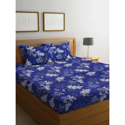 Arrabi Blue & Grey Floral 300 TC Flat King Bedsheet with 2 Pillow Covers-picture-13