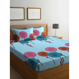 Arrabi Blue & Pink Floral 300 TC Flat King Bedsheet with 2 Pillow Covers-picture-24