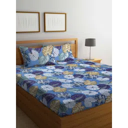 Arrabi Blue & Purple Floral 300 TC Flat King Bedsheet with 2 Pillow Covers-picture-16