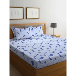 Arrabi Blue & White 300 TC Flat King Bedsheet with 2 Pillow Covers-picture-20