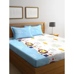 Arrabi Blue & White Cartoon Characters Printed 300 TC King Bedsheet with 2 Pillow Covers-picture-11