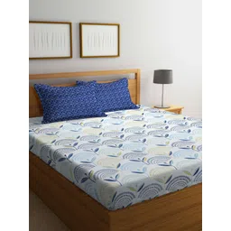 Arrabi Blue & White Ethnic Motifs 300 TC Flat King Bedsheet with 2 Pillow Covers-picture-31