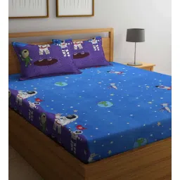 arrabi Blue Astronaut Print 300 TC Cotton Blend Double Size Bedsheet With 2 Pillow Covers-picture-39