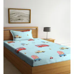 arrabi Blue Cartoon Printed 300 TC Cotton Blend Single Bedsheet with 1 Pillow Cover-picture-12
